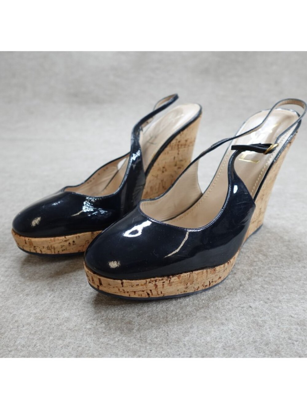YSL Womens Heels 10 / 40 Blue Cork Wedge Sandal Patent Slingback Made in Spain